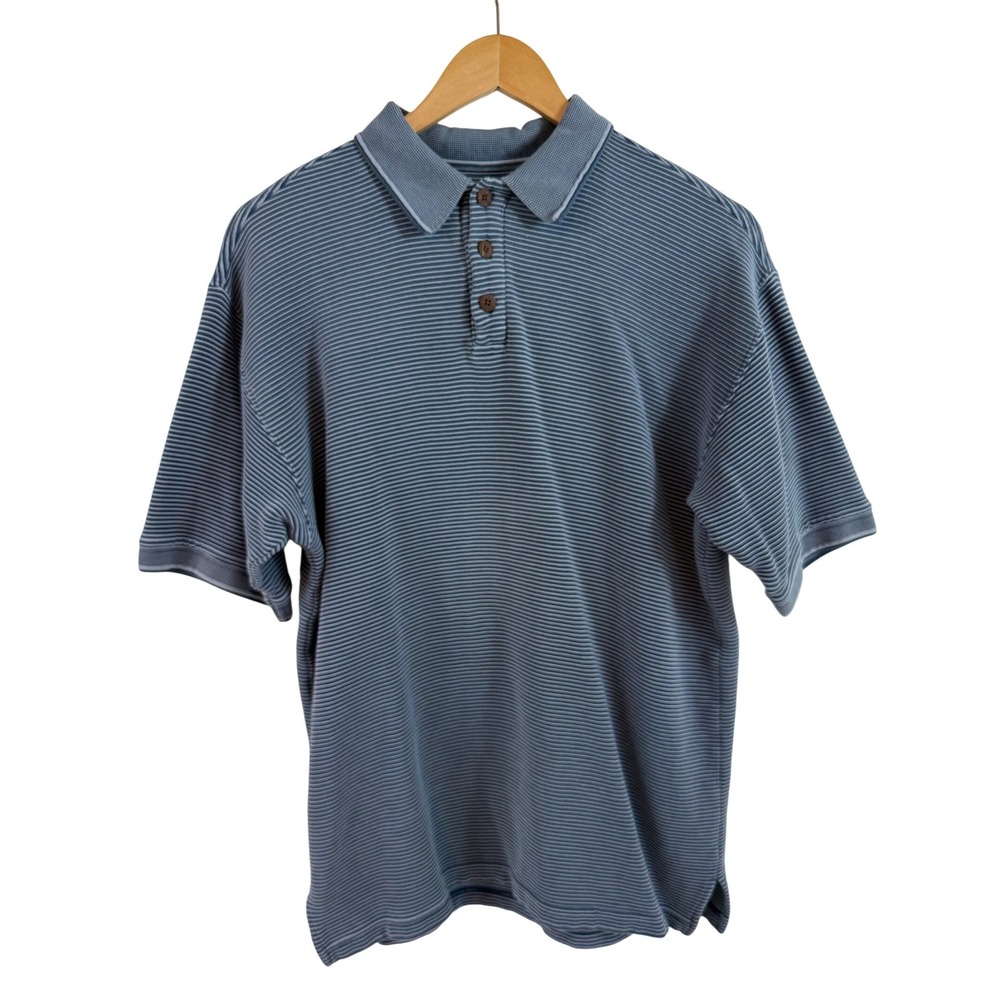 Tommy Bahama Silk Cotton Polo Shirt Blue Striped Coastal Resort Dadcore Size M